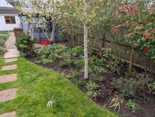 Lush garden with flower beds, green grass, and a stone path leading to a house.